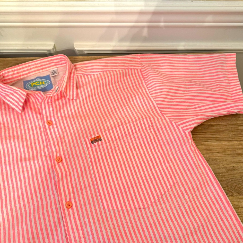 Vintage 90s Pacific Coast Highway PCH White Pink Striped Button Shirt Large